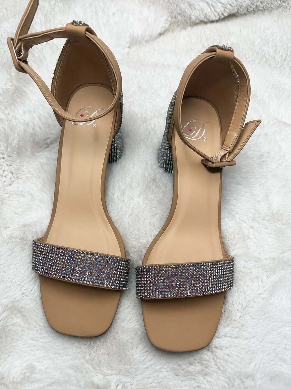 Delicious Crete Nude Chunky Rhinestone Block Heel Sandals
